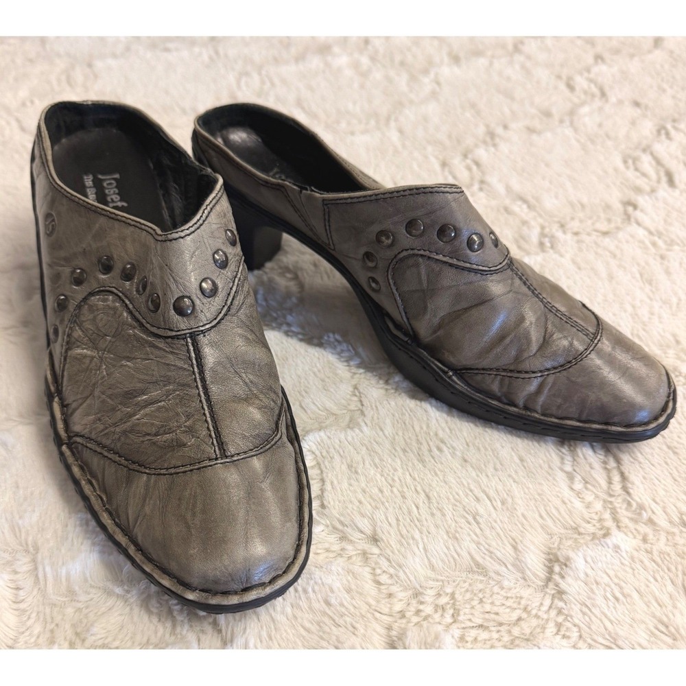 Josef Seibel Leather Slip On Mules Pewter Boho Studded Block Heel Womens 37